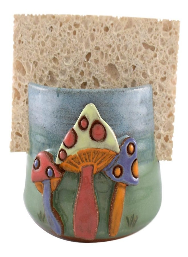 Modern Artisans American Handmade Pottery Kitchen Sponge Holder, Enchanted Mushrooms Motif - Image 1